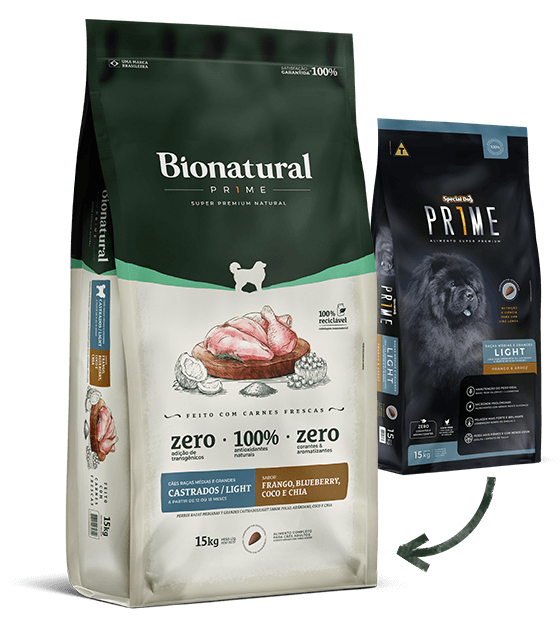 BIONATURAL PRIME CÃES RAÇAS MÉDIAS E GRANDES CASTRADOS/LIGHT FRANGO